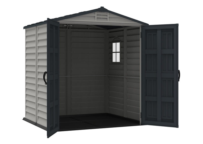 Interior view of the Duramax StoreMate Plus 6'x6' Vinyl Shed with Floor, highlighting spacious storage capacity and a small window for natural light.