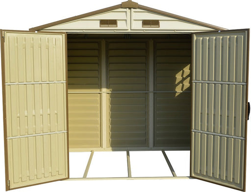 Interior view of Duramax StoreAll 8'x6' Vinyl Shed with open double doors, revealing spacious storage and organized shelves.