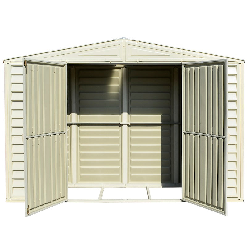 Open door view of the empty interior of Duramax Woodbridge 5 shed, 10.5'x5', emphasizing its spacious interior and organizational potential, against a white background.