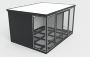 Aerial side view of the Duramax 13x10 glass insulated building with a white roof.