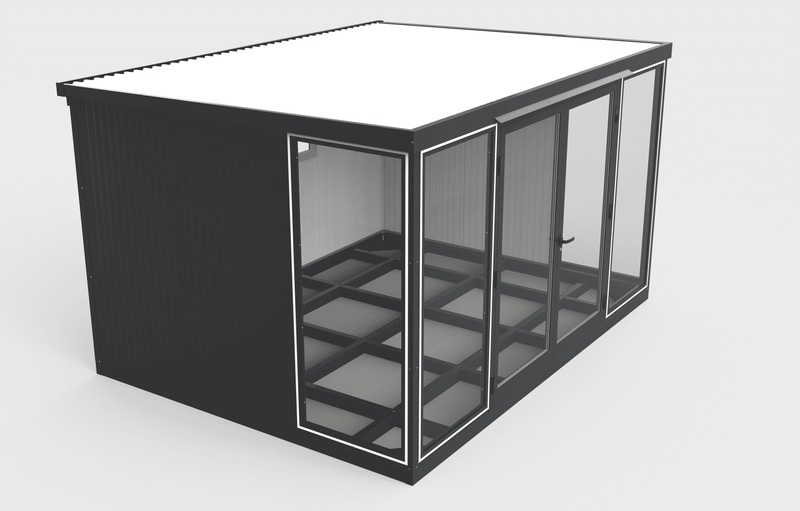 Aerial side view of the Duramax 13x10 glass insulated building with a white roof.