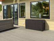 71 Gallon Duramax Storage Box in Brown, on a residential patio.