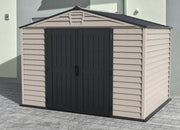 Duramax StoreMax Plus Vinyl Shed 10.5'x8' with closed double doors, featuring sturdy construction and spacious storage capacity.
