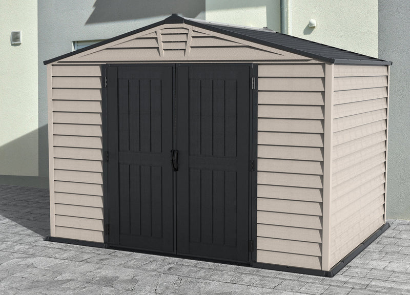Duramax StoreMax Plus Vinyl Shed 10.5'x8' with closed double doors, featuring sturdy construction and spacious storage capacity.