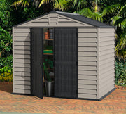 Duramax StoreMax Plus Vinyl Shed 10.5'x8' with open doors, showing organized storage with garden tools and supplies inside.