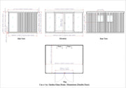 Detailed schematic showing side, rear, elevation, and plan views of the Duramax 13x10 Garden Glass Room with double doors and window placements.