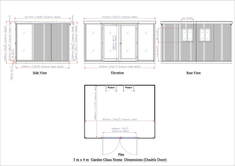 Detailed schematic showing side, rear, elevation, and plan views of the Duramax 13x10 Garden Glass Room with double doors and window placements.