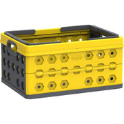 Durable plastic foldable utility basket by Duramax (model 86201) in yellow with gray trim, ideal for storage and organization in the home or garage.