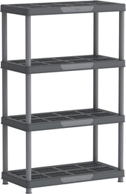 Duramax 86501 four-tier shelving rack in gray, plastic outdoor storage shelves with four wide plank-style shelves suitable for garage or patio use.