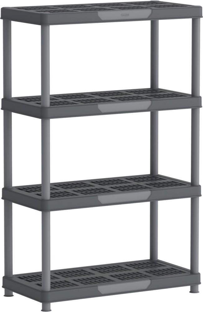 Duramax 86501 four-tier shelving rack in gray, plastic outdoor storage shelves with four wide plank-style shelves suitable for garage or patio use.
