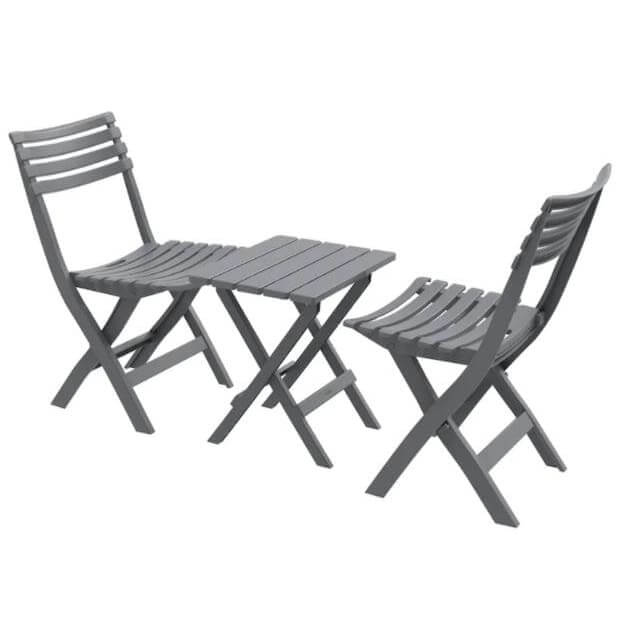 Duramax portable sitting set (model 86720) with a gray folding table and two matching plastic chairs designed for outdoor use.