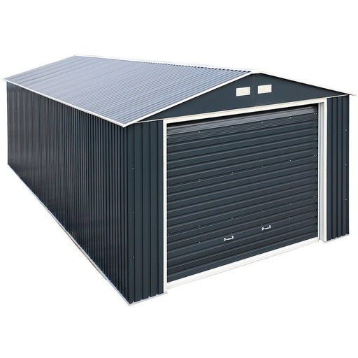 View of Duramax Imperial metal garage in dark gray with white trimming, showing the exterior corner perspective.