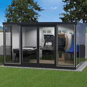 Arcade-themed Duramax insulated glass building 13x10 shown with air hockey and arcade machines.