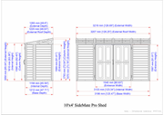 Technical dimension diagram of the Duramax SideMate Plus Pro 10x4 vinyl shed showing exterior, interior, and door measurements in inches and millimeters.