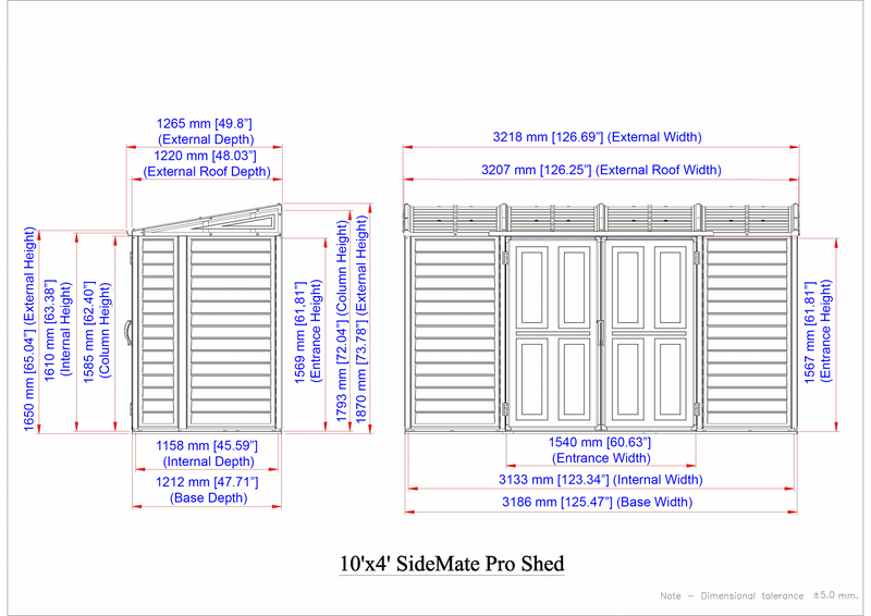 Technical dimension diagram of the Duramax SideMate Plus Pro 10x4 vinyl shed showing exterior, interior, and door measurements in inches and millimeters.