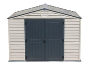 Front view of Duramax StoreMax Plus Vinyl Shed 10.5'x8' showcasing its durable vinyl panels and secure double doors for outdoor storage.