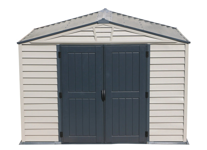 Front view of Duramax StoreMax Plus Vinyl Shed 10.5'x8' showcasing its durable vinyl panels and secure double doors for outdoor storage.