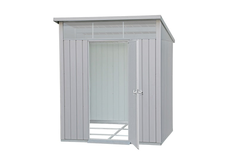 front side view of the Duramax Palladium Metal Shed 6' x 5' with nothing inside and open door