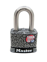 Close-up of a heavy-duty Master padlock with stainless steel shackle and “Tough Under Fire” badge, ideal for securing Duramax sheds and outdoor storage.