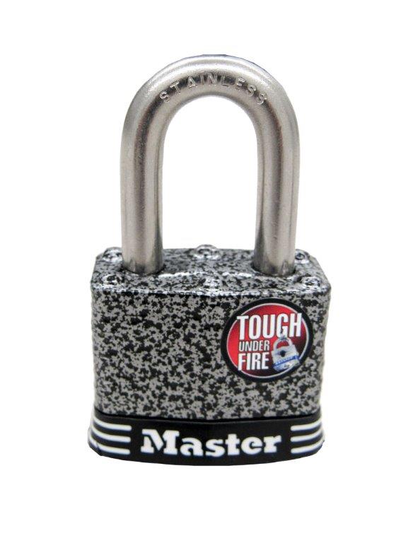 Close-up of a heavy-duty Master padlock with stainless steel shackle and “Tough Under Fire” badge, ideal for securing Duramax sheds and outdoor storage.