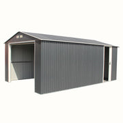 Full view of Duramax Imperial 12'x20' metal garage in dark gray with white accents, displaying both access doors.