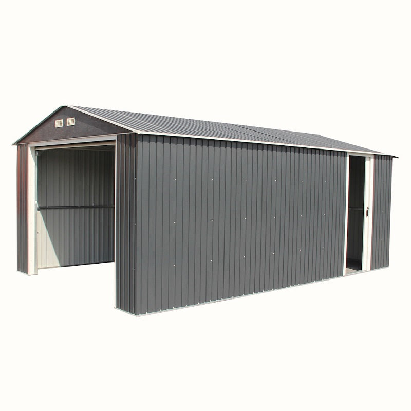 Full view of Duramax Imperial 12'x20' metal garage in dark gray with white accents, displaying both access doors.
