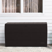 Duramax 71 Gallon Outdoor Storage Box in Brown, positioned against a house exterior.