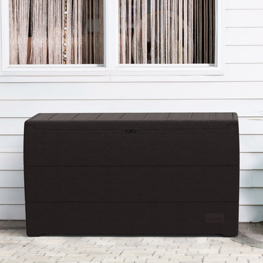 Duramax 71 Gallon Outdoor Storage Box in Brown, positioned against a house exterior.