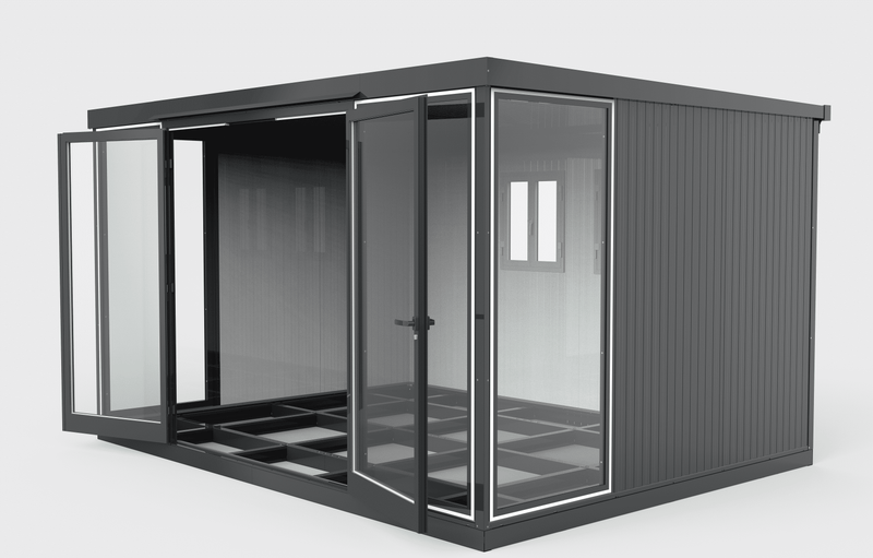Side view of Duramax 13x10 Glass Insulated Building with open doors