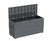 Gray Duramax 270 Liter Outdoor Storage Box, open and ready for use in a garden setting.